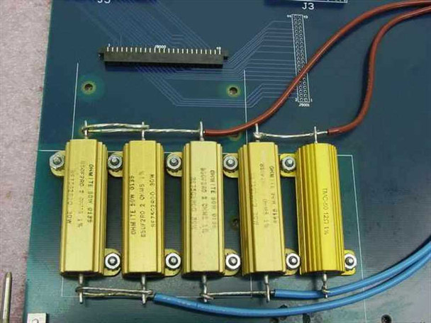 GNP Computers 1-502516 Load Card V — close-up of five gold power resistors mounted on PCB with visible markings