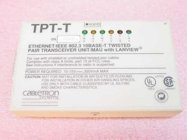 Cabletron TPT-T 10BASE-T twisted pair transceiver front panel showing Lanview LED indicators and product label with power requirements