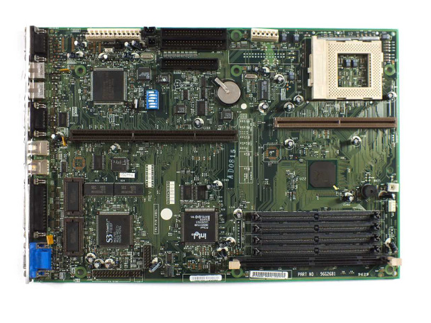 IBM 96G2681 Socket 7 Motherboard – overhead top-down view showing Intel chipset ICs, expansion slots, SIMM slots, and CPU socket