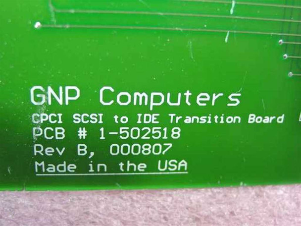GNP Computers board label closeup showing PCB number 1-502518, Rev B, date code 000807, and Made in the USA marking