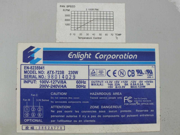 Enlight ATX-723B EN-8235941 label – showing model number, 230W rating, input/output specifications, serial number, and certifications