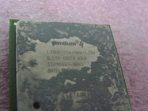 Intel Pentium 4 SL59X processor label close-up showing 1.70GHz/256/400/1.75V spec string, SL59X sSpec, and Costa Rica manufacture mark