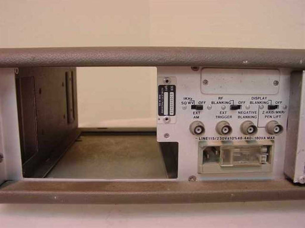 HP 8620B Sweep Oscillator inside bottom panel showing sweep functions, trigger controls, and power rating label 115V 230V 440V 180VA