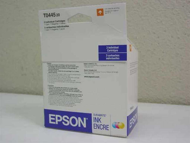 Epson T044520 DURABrite Ink 3-Pack box back and side panel with compatibility and caution information