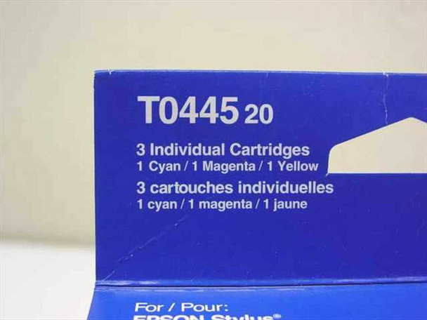 Epson T044520 close-up of box label showing 3 Individual Cartridges 1 Cyan 1 Magenta 1 Yellow for Epson Stylus