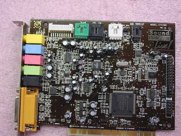 Creative Labs CT4780 Sound Blaster Live PCI card — top view showing board layout, model number CT4780 label, and Sound Blaster Live silkscreen logo