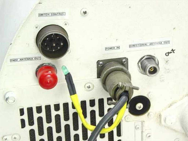 AU323-5 antenna enclosure top panel closeup showing Switch Control circular connector, Power In connector, Omni Antenna Out port, Directional Antenna Out port, red indicator, and green LED