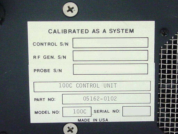UTI 100C Control Unit calibration label showing Part No. 05162-0102, Model No. 100C, and Made in USA designation