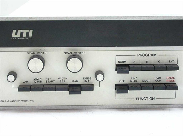 UTI Instruments Model 100C front panel close-up showing UTI Instruments logo, Scan Width and Scan Center controls, and Program/Function button rows with labels