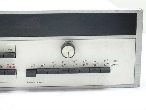 UTI Instruments Amplifier Model 30 front panel section showing Damper knob and pressure range selector buttons from 10^-5 to 10^-12 Torr