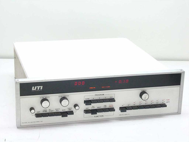 UTI Instruments Model 100C Ion Gas Analyzer Controller front panel view showing LED display, Scan Width and Scan Center knobs, Program and Function button banks