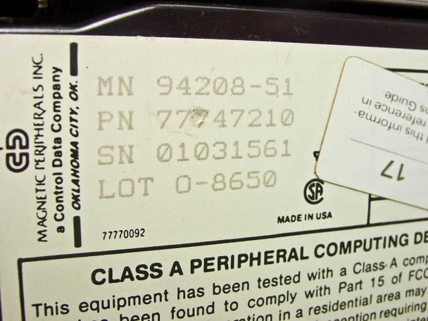 CDC 94208-51 hard drive label closeup – shows MN 94208-51, PN 77747210, SN 01031561, LOT O-8650, made in USA, Magnetic Peripherals Inc. a Control Data Company Oklahoma City OK