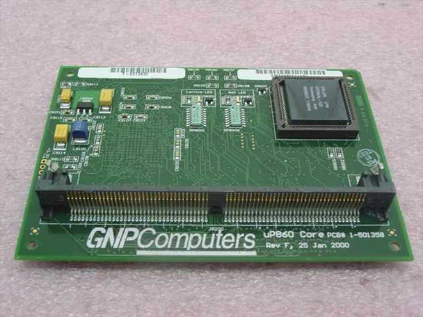 GNP Computers uP860 Core PCB 1-501358 Rev F dated 25 Jan 2000 — top-side view showing board layout, edge connectors, and ICs