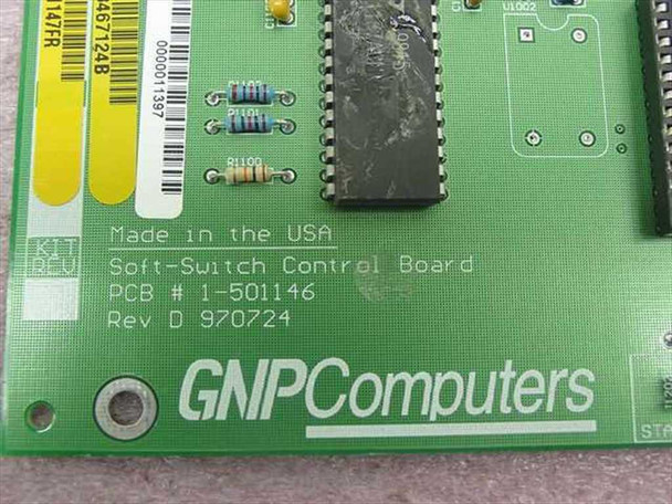 GNP Computers Soft-Switch Control Board PCB close-up showing silkscreen label with PCB number 1-501146 Rev D 970724 and main DIP IC