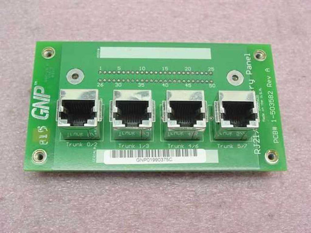 GNP Computers 1-503582 RJ21/RJ45 Entry Panel Rev A — front view showing 4 RJ45 trunk ports labeled Trunk 0/2 through Trunk 5/7 and GNP logo