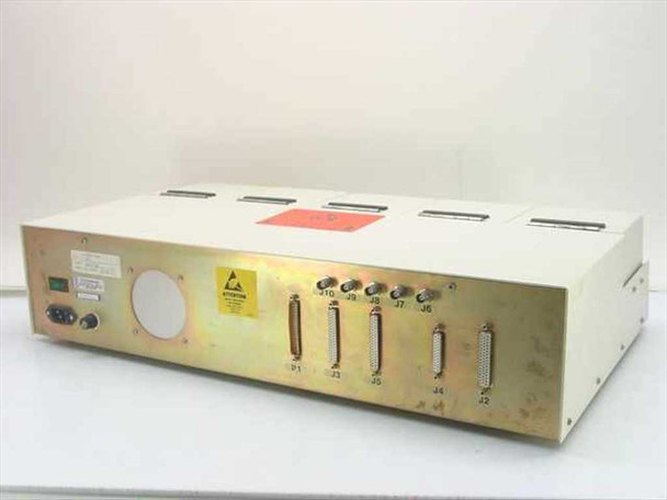 Elite Engineering Electrode Test Station rear panel view showing IEC power inlet, rocker switch, fuse, ESD warning, and connectors P1 J2-J5 D-sub and J6-J10 BNC