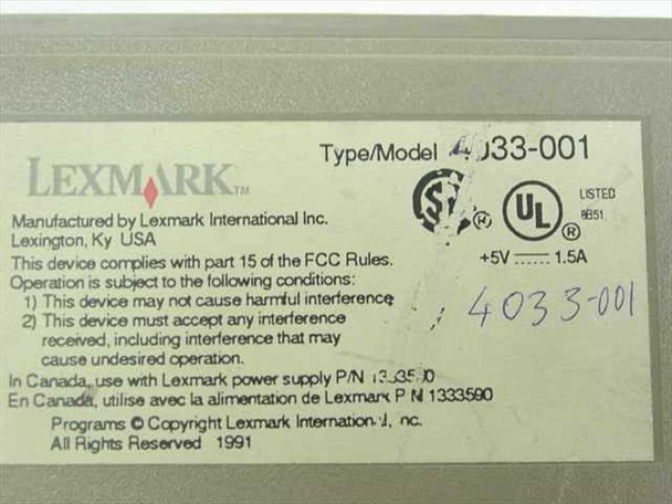 Lexmark 4033-001 Token Ring Print Server — bottom label showing Type/Model 4033-001, Lexmark International, Lexington KY USA, +5V 1.5A, UL Listed, CSA, FCC Part 15, copyright 1991