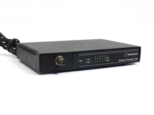 Black Box Multiport Repeater 1050 LE1050A-BNC front panel angled view showing Black Box branding, illuminated LED indicators, BNC port, and attached power cord