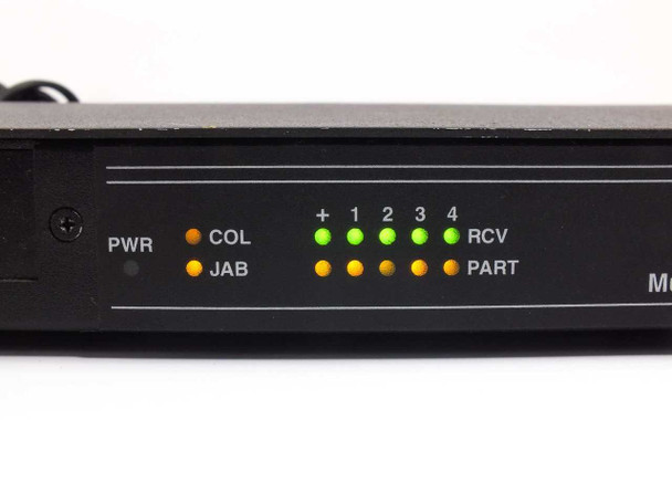 Black Box Multiport Repeater 1050 LE1050A-BNC front panel LED close-up showing lit green and amber indicators for PWR, COL, JAB, ports plus 1 2 3 4, RCV, and PART