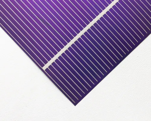 Close-up corner view of SoloPower CIGS flexible solar cell showing fine silver contact lines and thin-film surface texture