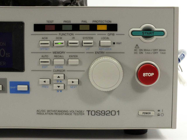 Kikusui TOS9201 Hipot Tester rear panel showing dual cooling fans, GPIB connector, RS-232C port, IEC AC inlet with line voltage selector, and high-voltage output terminal