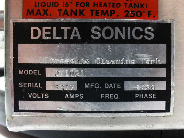 Delta Sonics DT1021 rating plate showing model DT1021, serial number 15377, manufacture date March 1989, and max tank temperature 250°F