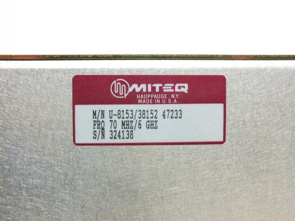 Miteq U-8153/38152 rating label – shows M/N U-8153/38152 47233, FRQ 70 MHz/6 GHz, S/N 324138, Made in U.S.A.