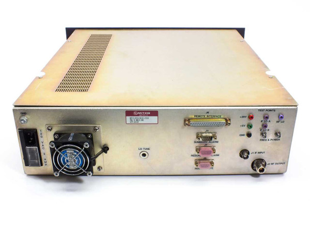 Miteq U-8153/38152 rear panel angled view – showing J6 Remote Interface D-Sub, J3 Summary Alarm, J7 Redundancy Alarm, J8 Remote Mute, J1 IF Input, J2 RF Output, and test points