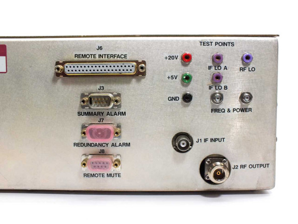 Miteq U-8153/38152 rear panel close-up – J6 Remote Interface (25-pin D-Sub), J3 Summary Alarm, J7 Redundancy Alarm, J8 Remote Mute, J1 IF Input BNC, J2 RF Output, and labeled test points (+20V, +5V, GND, IF LO A, IF LO B, RF LO, Freq & Power)