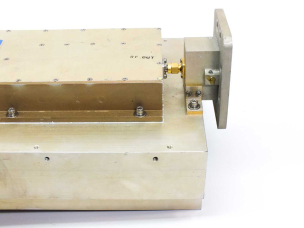 EF Data CPA 6025 RF output end – SMA female RF OUT connector and waveguide/flange output port on aluminum chassis with 'RF OUT' label visible