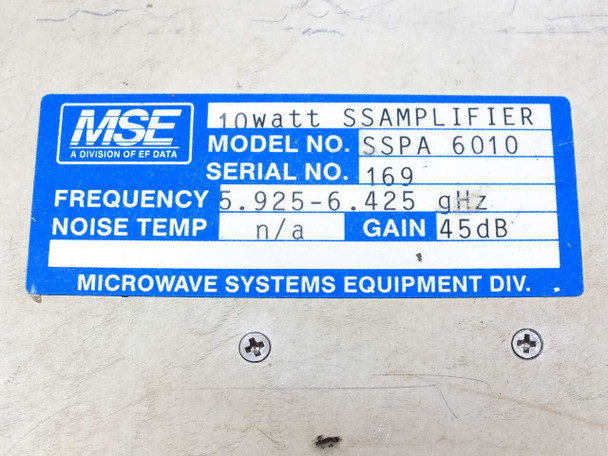 MSE SSPA 6010 rating label showing model number, serial number 169, frequency 5.925–6.425 GHz, noise temp N/A, and gain 45 dB