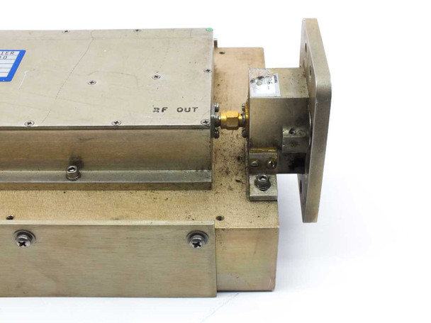 MSE SSPA 6010 RF output end showing SMA RF OUT connector and waveguide output port with flange mounting hardware
