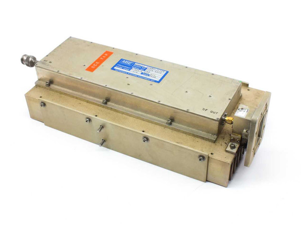 MSE SSPA 6010 C-Band solid state uplink amplifier — front/top three-quarter view showing brass housing, MSE label, and SMA RF output connector