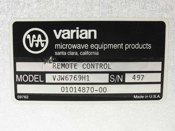 Varian VJW6769H1 label close-up showing model VJW6769H1, part number 01014870-00, serial number 497, Made in USA – Varian Microwave Equipment Products, Santa Clara CA