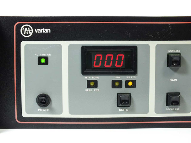 Varian VJW6769H1 front panel left section – AC PWR ON indicator, Power button, 3-digit LED display, MTR RDNG / Peak PWR / dBW / Watts LEDs, Units switch, Gain Increase knob