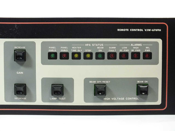 Varian VJW6769H1 front panel right section – HPA STATUS indicators (Panel Enbl/Dsbl, Heater Time Dly, Stby, Beam On, Sum Fault, RF PWR, RFL PWR), Alarm LEDs, Beam Off/Reset, High Voltage Control, and Beam On switches