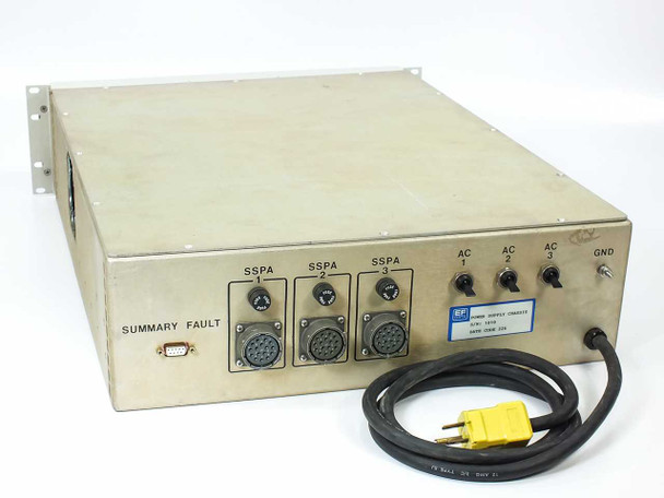 EF Data PS310 SSPA Power Supply rear panel showing three multi-pin SSPA connectors, AC inlets, and power cable