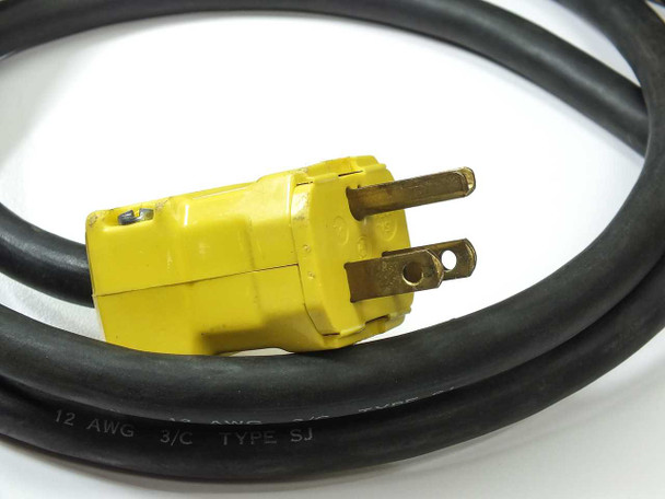 Close-up of included 12 AWG 3/C Type SJ power cable with yellow NEMA plug