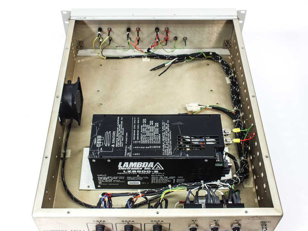 Interior view of EF Data PS310 chassis showing Lambda LZS500-2 regulated power supply module and internal wiring harness