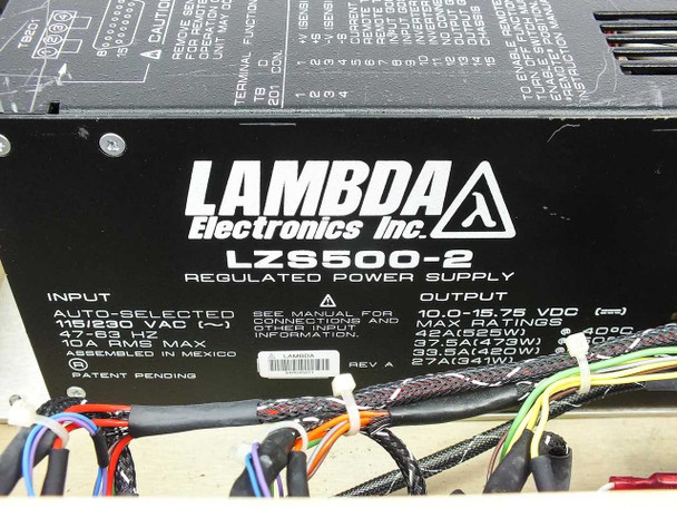 Close-up of Lambda Electronics Inc. LZS500-2 Regulated Power Supply label showing 115/230V auto-select input and output specs