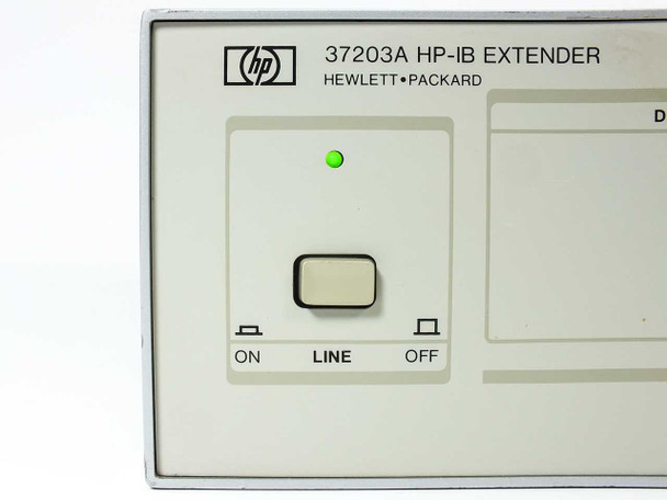 HP 37203A HP-IB Extender front panel close-up — LINE rocker switch with ON/OFF positions and illuminated green power LED
