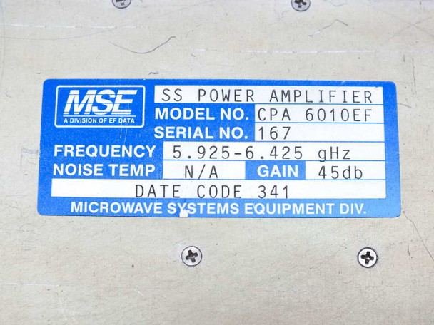 MSE CPA 6010EF label closeup – model number, serial number 167, frequency 5.925-6.425 GHz, gain 45dB, date code 341