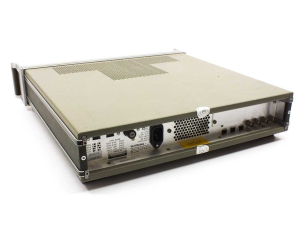 HP 5328A Universal Counter — rear panel 3/4 view showing AC inlet, ventilation, and rear connectors