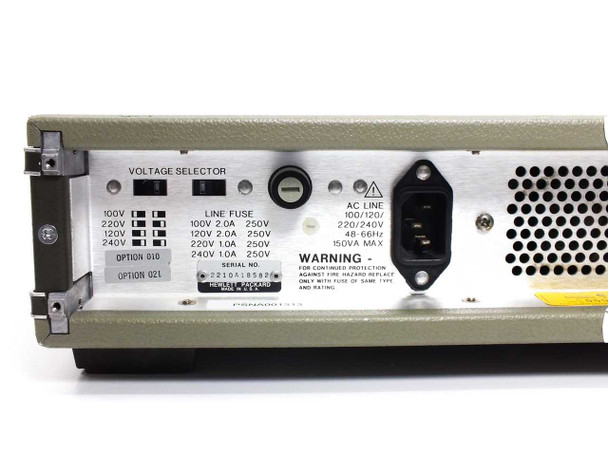 HP 5328A rear panel close-up — Voltage Selector (100/120/220/240V), Line Fuse chart, IEC AC inlet, 150VA MAX rating label, and Option 010 and Option 021 identification labels