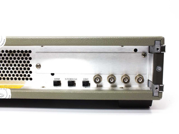 HP 5328A — left side panel showing ARM, STORAGE, and OSC ports plus four BNC connectors