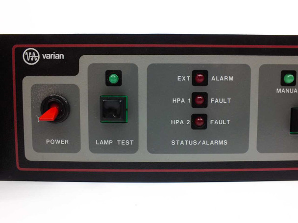 Varian VJW6703AR00 front panel left section – power rocker switch (red) and lamp test button with green status LED