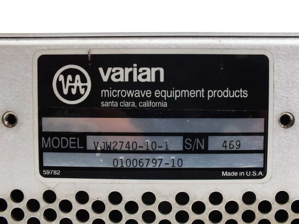 Varian VJW2740-10-1 identification label showing model VJW2740-10-1, part number 01006797-10, S/N 469, Made in USA, Varian Microwave Equipment Products Santa Clara California