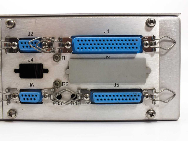 Varian VJW2740-10-1 rear panel close-up showing labeled D-sub connectors J1 through J6 with blue 36-pin and 15-pin parallel connectors and J4 toggle switch