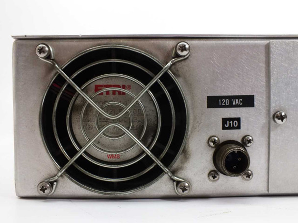 Varian VJW2740-10-1 left side panel showing 120 VAC marking, ETM cooling fan, and J10 circular mil-spec power connector