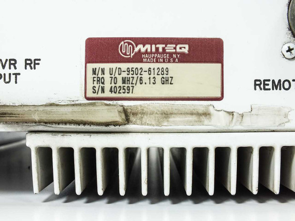 Miteq U/D-9502-61289 rating label closeup – shows M/N U/D-9502-61289, FRQ 70 MHZ/6.13 GHZ, S/N 402597, Made in USA, Hauppauge NY